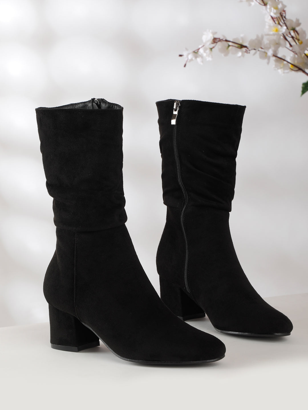 Stylish Block Heel Ankle Boots for Women Black Suede Boots Flat N Heels