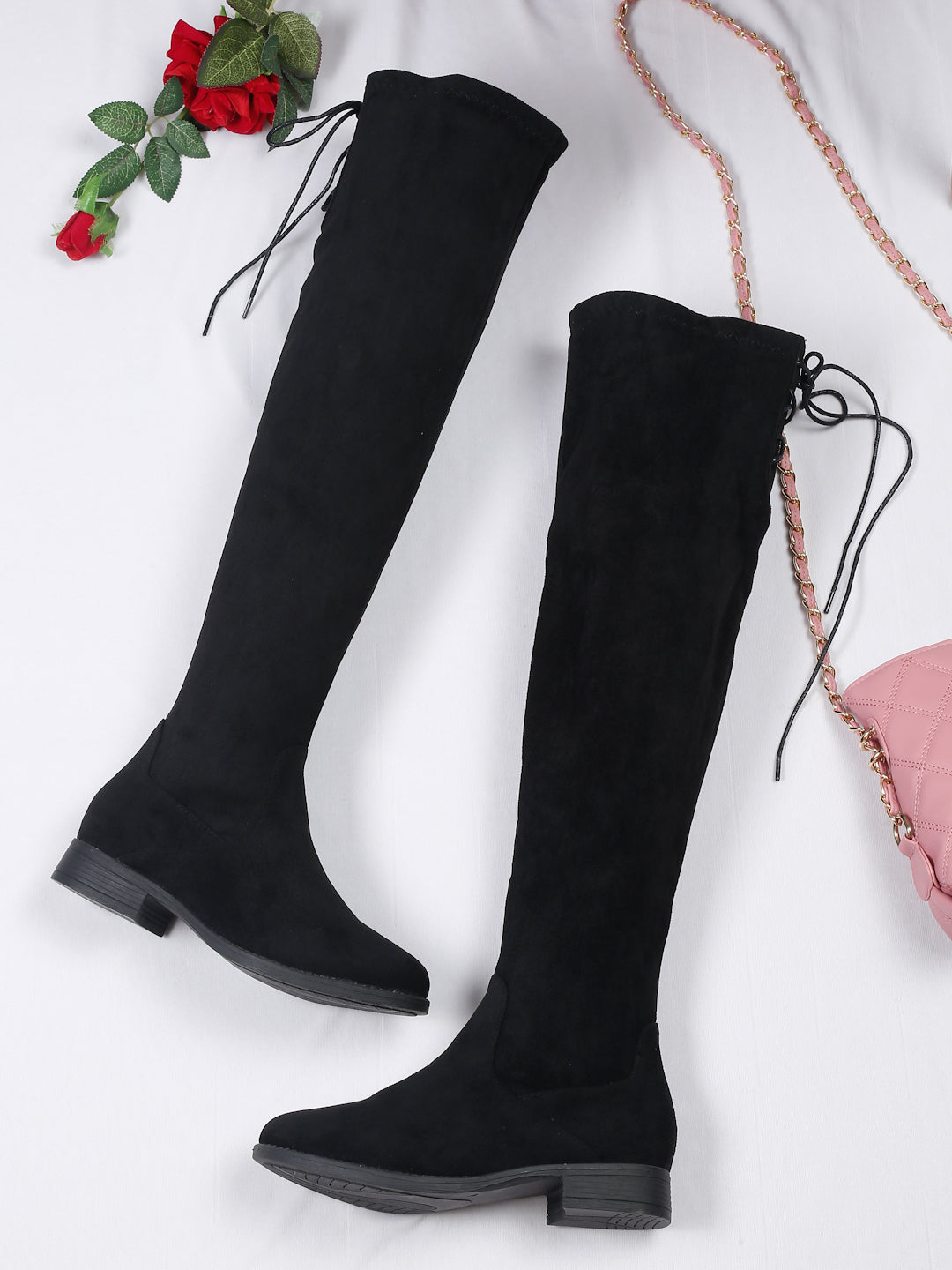 Women's Black Suede Boots Over-the-Knee - Flat Heel with Zipper | FLAT N HEELS