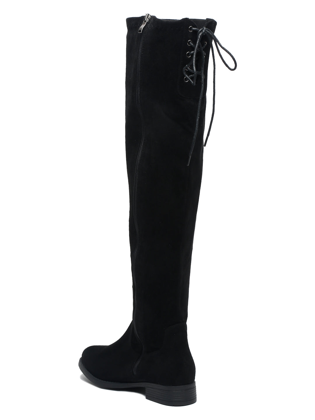Women's Black Suede Boots Over-the-Knee - Flat Heel with Zipper | FLAT N HEELS