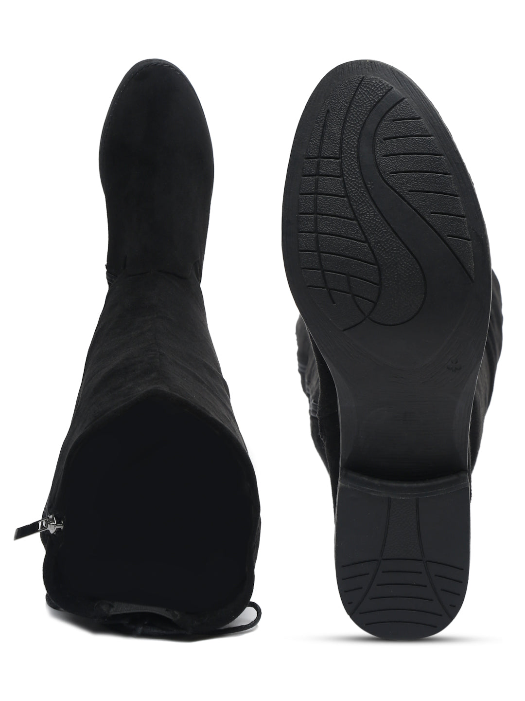 Women's Black Suede Boots Over-the-Knee - Flat Heel with Zipper | FLAT N HEELS
