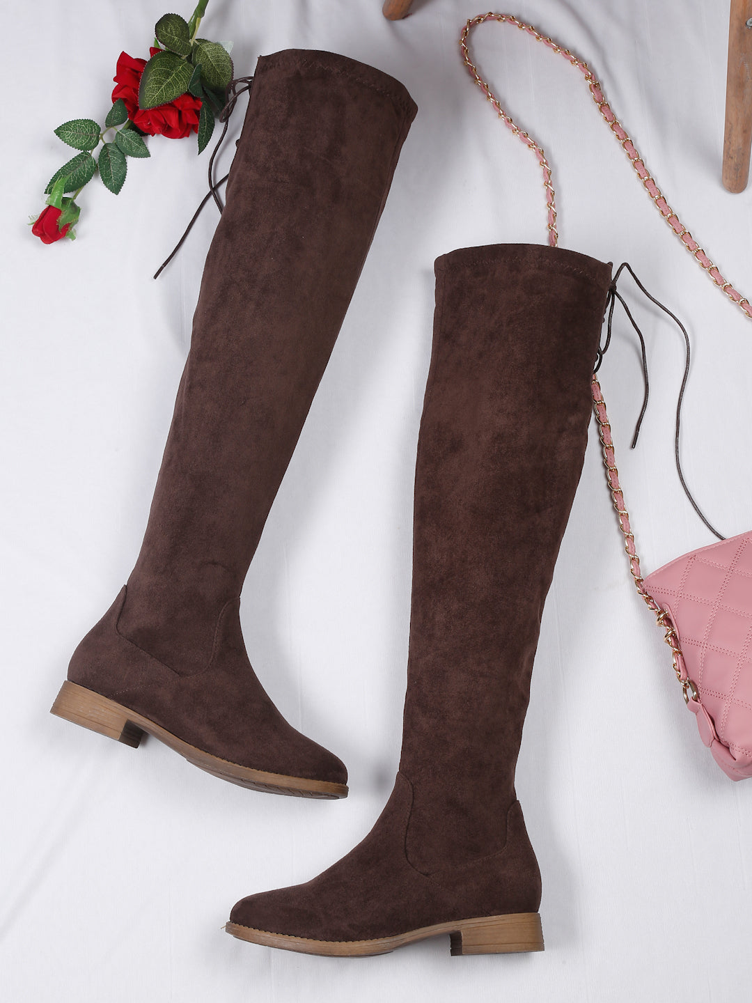 Women's Black Suede Boots Over-the-Knee - Flat Heel with Zipper | FLAT N HEELS