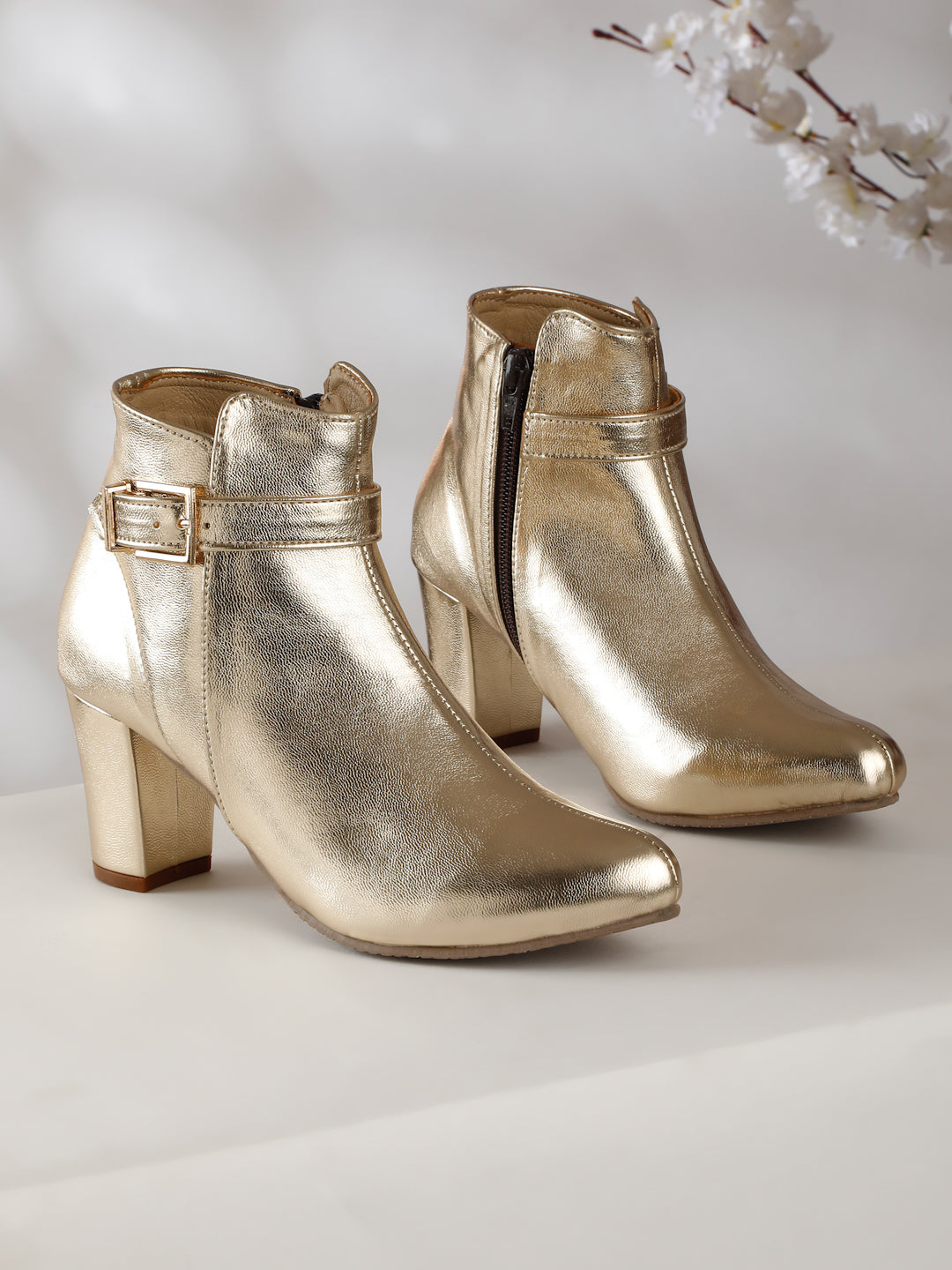 Glamorous Gold Ankle Boots with Buckle Detail Flat N Heels