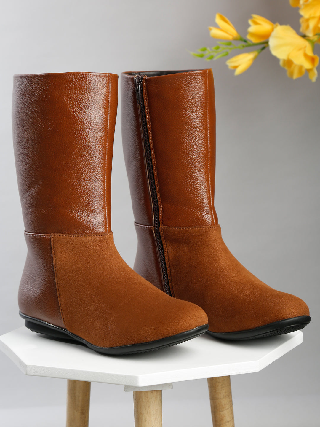Black Mid-Calf Boots for Women - Sleek Leather and Suede Design
