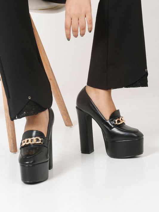 Stylish Black Block Heel Loafers with Chain Detail | Comfortable and Trendy