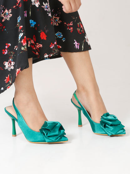 Teal Slingback Heels with Floral Detail | Flat N Heels