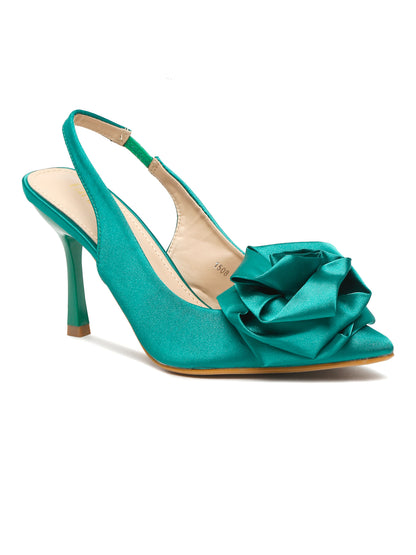 Teal Slingback Heels with Floral Detail | Flat N Heels