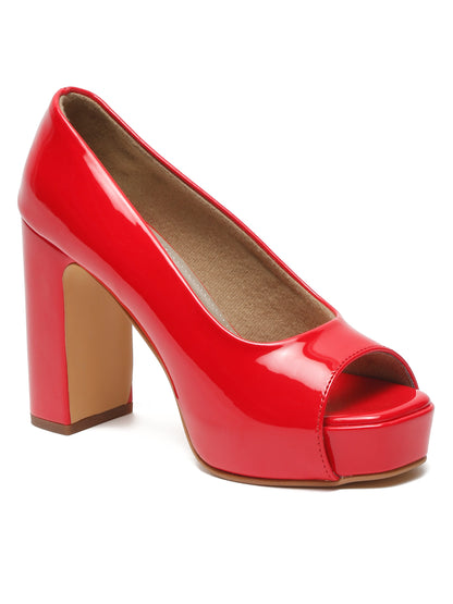 Stylish Red Peep-Toe Pumps with Chunky Heels