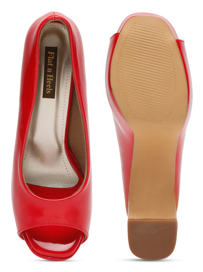 Stylish Red Peep-Toe Pumps with Chunky Heels