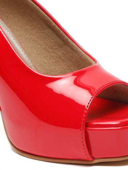 Stylish Red Peep-Toe Pumps with Chunky Heels