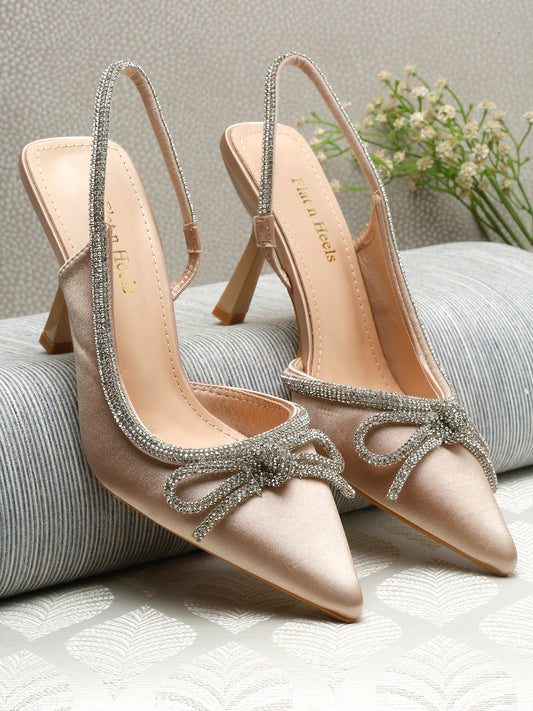 Satin Slingback Heels with Rhinestone Bow