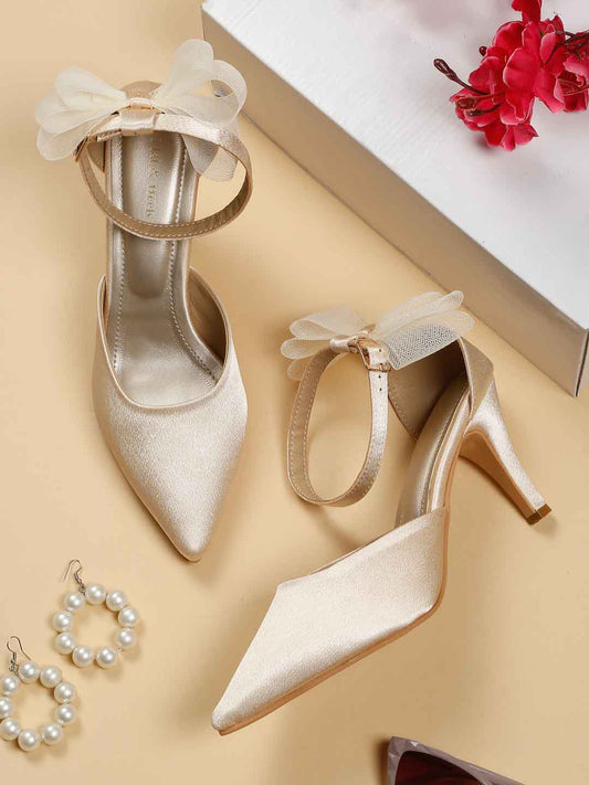 Satin Slingback Heels Pumps with Bow Detail