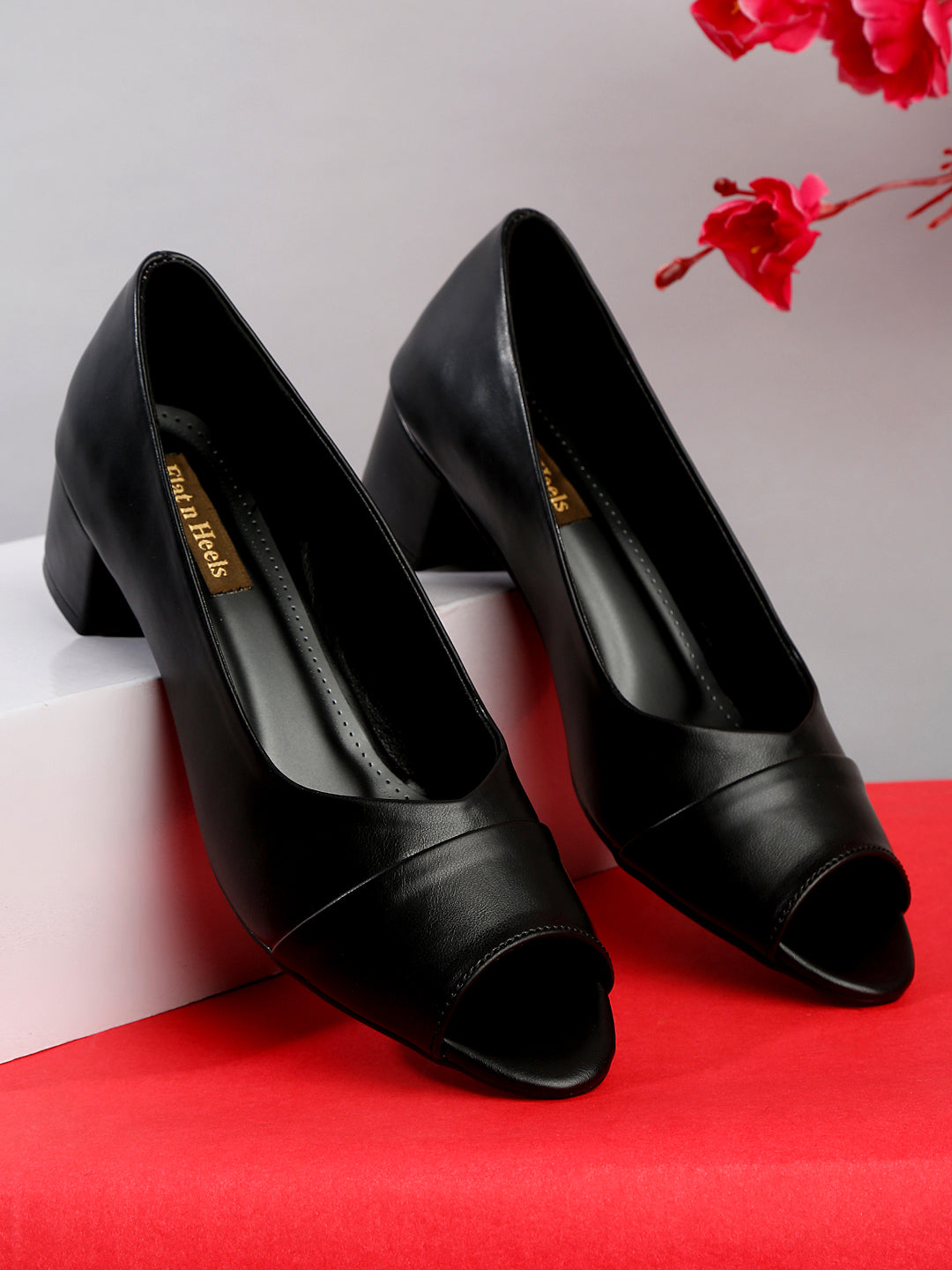 Stylish Black Peep-Toe Pumps with Chunky Heels