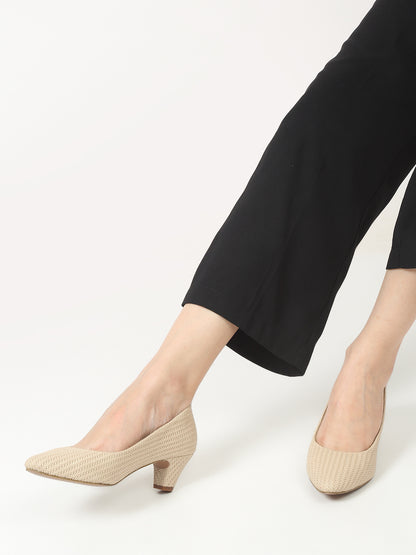 Stylish Beige Woven Pumps with Block Heels