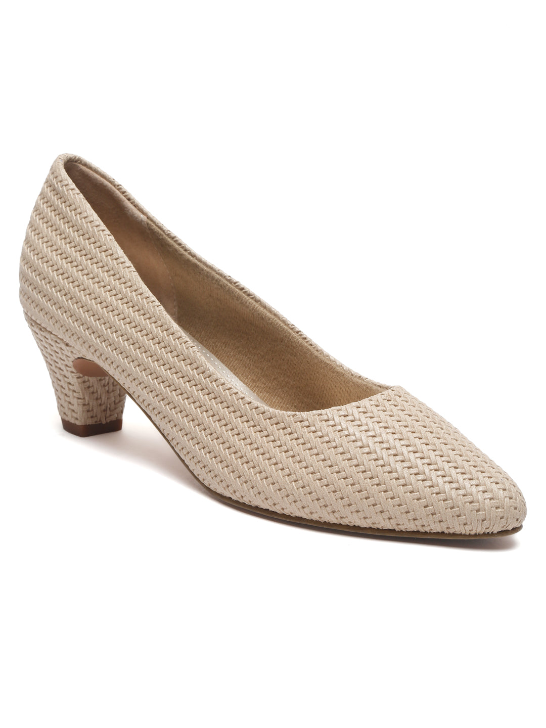 Stylish Beige Woven Pumps with Block Heels