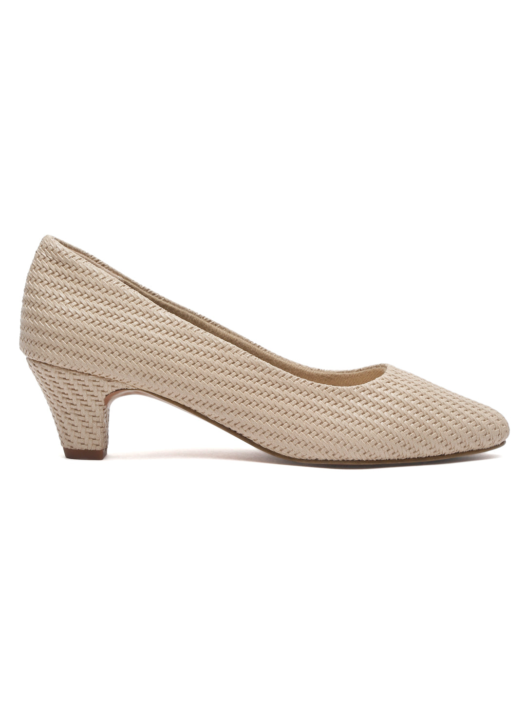 Stylish Beige Woven Pumps with Block Heels