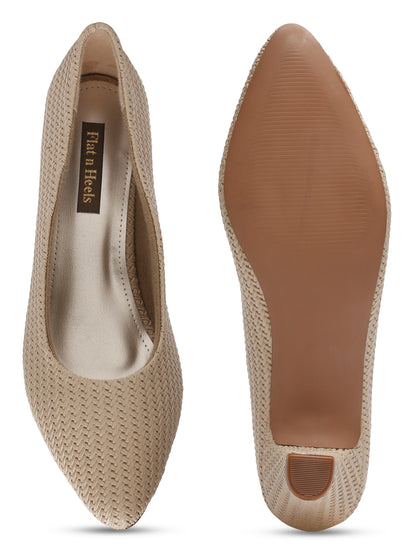 Stylish Beige Woven Pumps with Block Heels