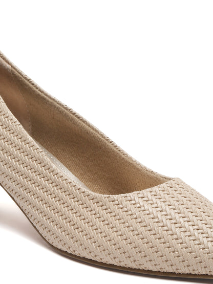 Stylish Beige Woven Pumps with Block Heels