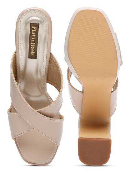 Beige block heels for women Sandals with Cross-Strap Design