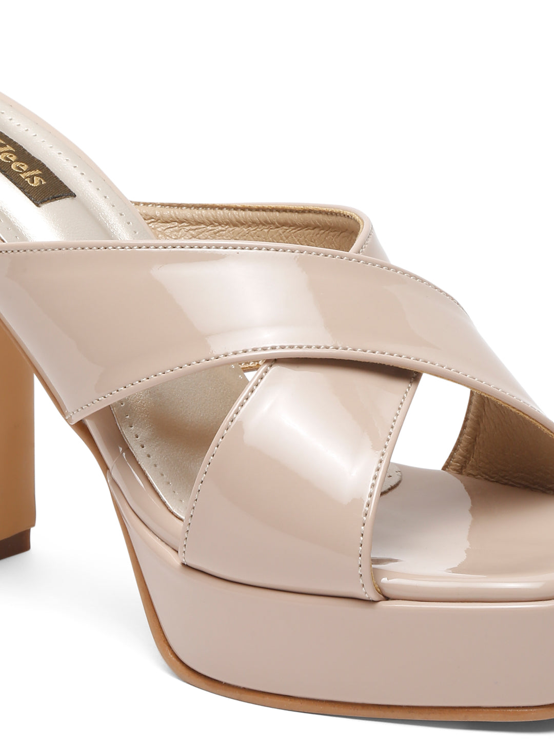 Beige block heels for women Sandals with Cross-Strap Design