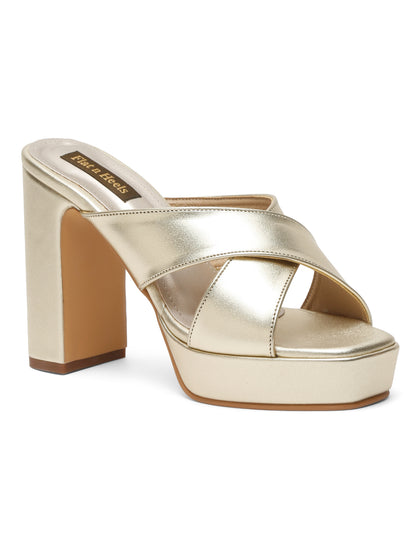 Beige block heels for women Sandals with Cross-Strap Design