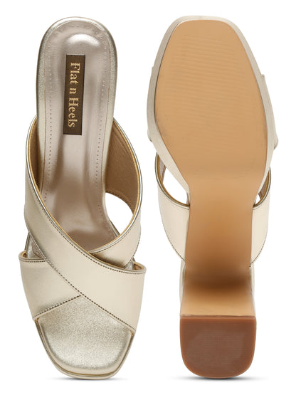 Beige block heels for women Sandals with Cross-Strap Design