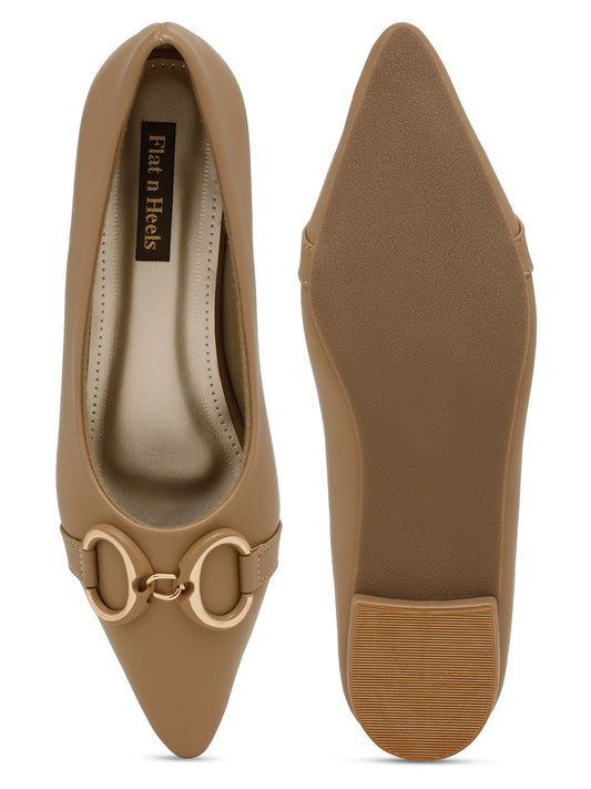 Trendy Beige Flat Heel Pumps for Women | Stylish Pointed Toe Slip-On with Elegant Buckle Design