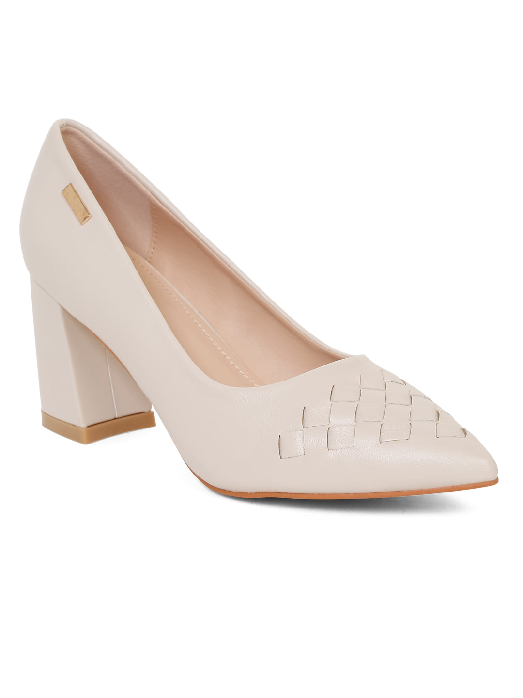 Stylish beige block heel with Woven Detail | Flat N Heels