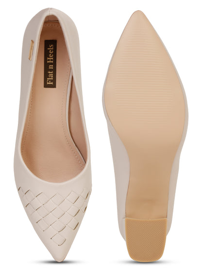 Stylish beige block heel with Woven Detail | Flat N Heels