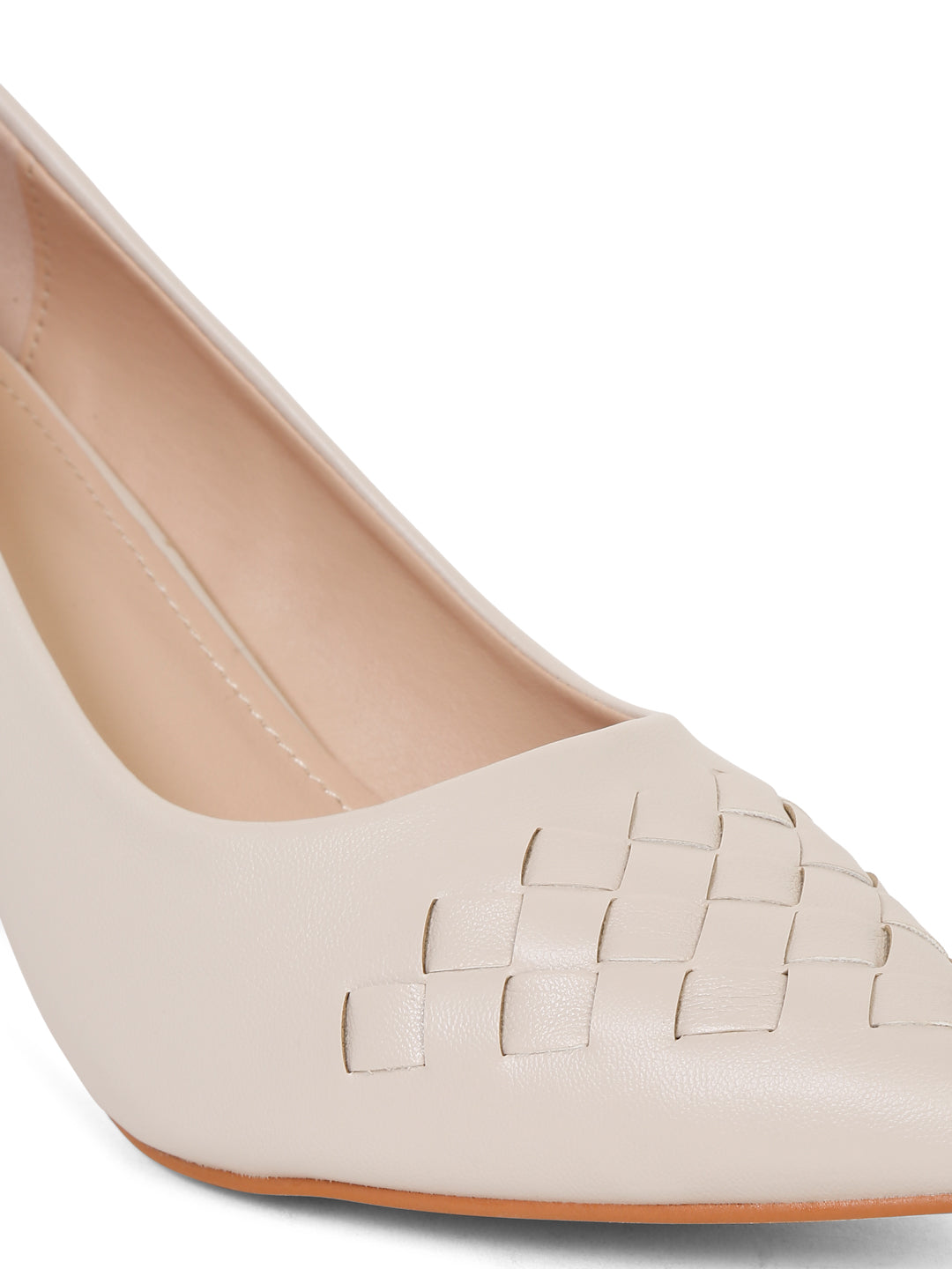 Stylish beige block heel with Woven Detail | Flat N Heels