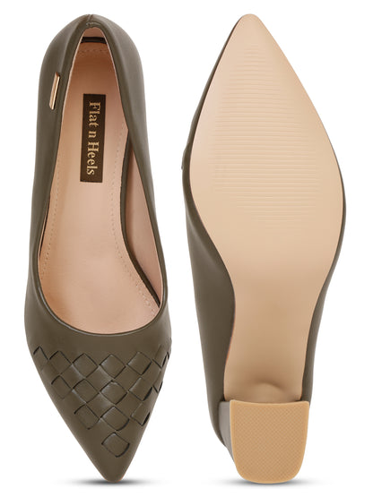 Stylish beige block heel with Woven Detail | Flat N Heels