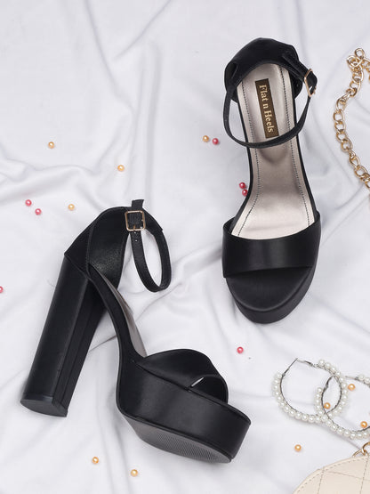 Stylish Black Platform Heels with Ankle Strap | Flat N Heels