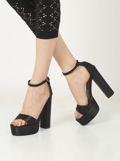 Stylish Black Platform Heels with Ankle Strap | Flat N Heels