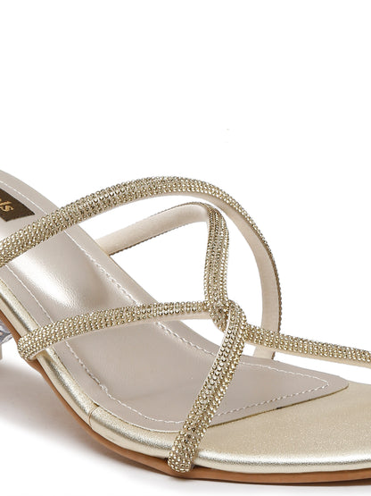 Stylish Gold Strappy Heels with Clear Block Heel | Flat N Heels