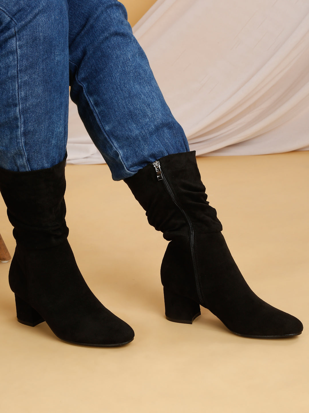 Stylish Block Heel Ankle Boots for Women Black Suede Boots Flat N Heels