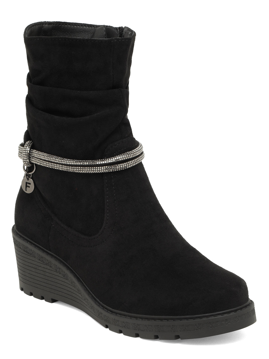 Stylish Black Ankle Boots with Chain Detail – Wedge Heel Booties