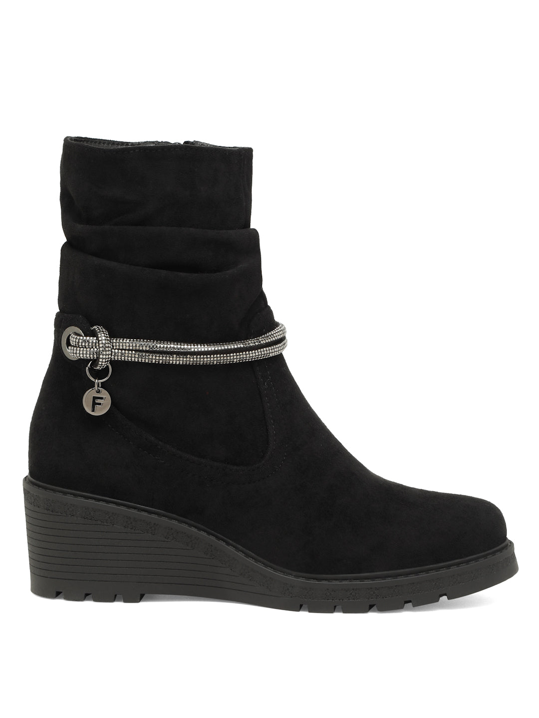 Stylish Black Ankle Boots with Chain Detail – Wedge Heel Booties