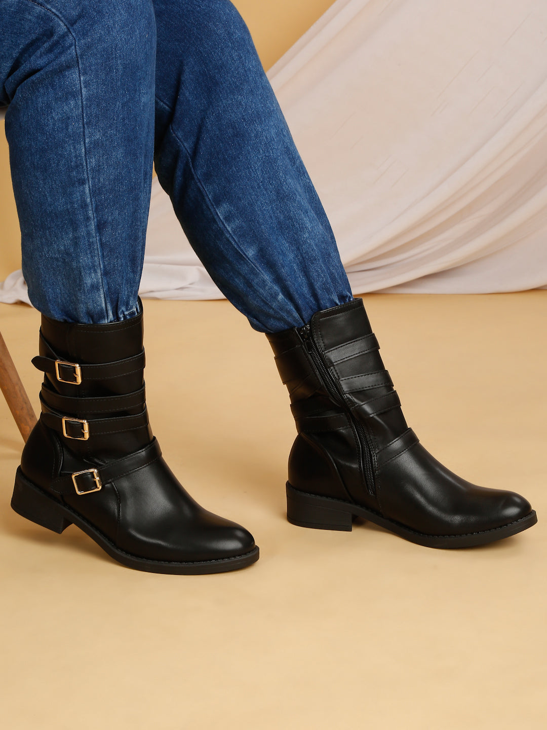 Stylish Buckle Detail Ankle Boots | Black Ankle Boots