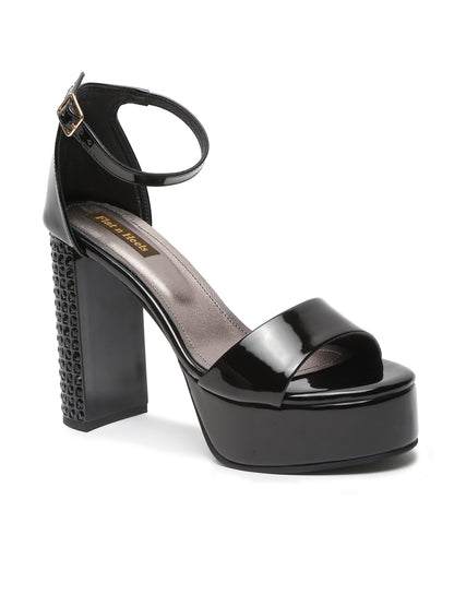 Sparkling Black Platform Heels with Ankle Strap