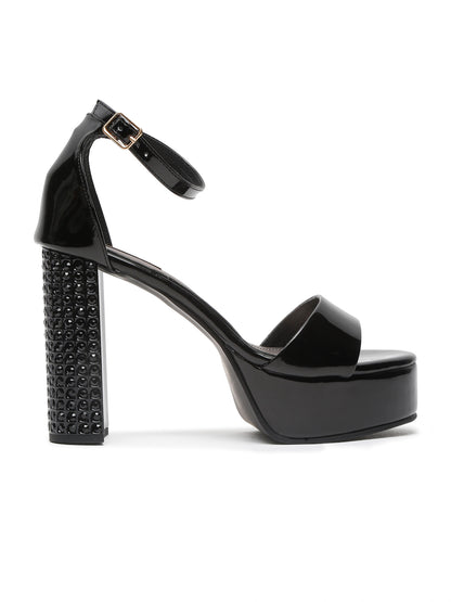 Sparkling Black Platform Heels with Ankle Strap