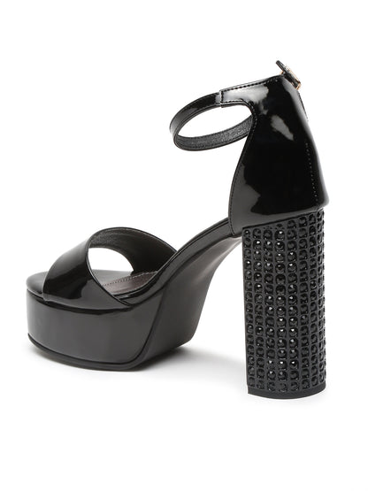 Sparkling Black Platform Heels with Ankle Strap