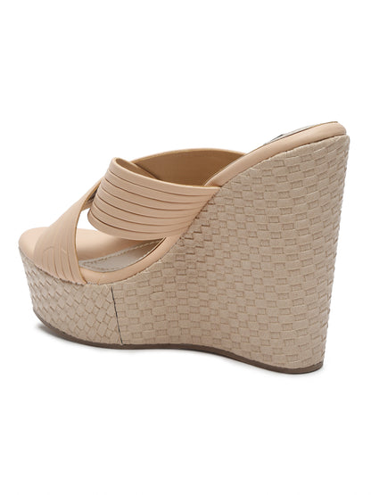 Stylish Tan Wedge Sandals with Cross Straps | FLAT N HEELS