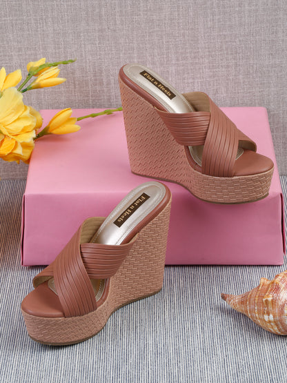 Stylish Tan Wedge Sandals with Cross Straps | FLAT N HEELS