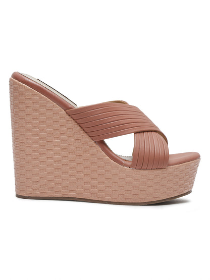 Stylish Tan Wedge Sandals with Cross Straps | FLAT N HEELS