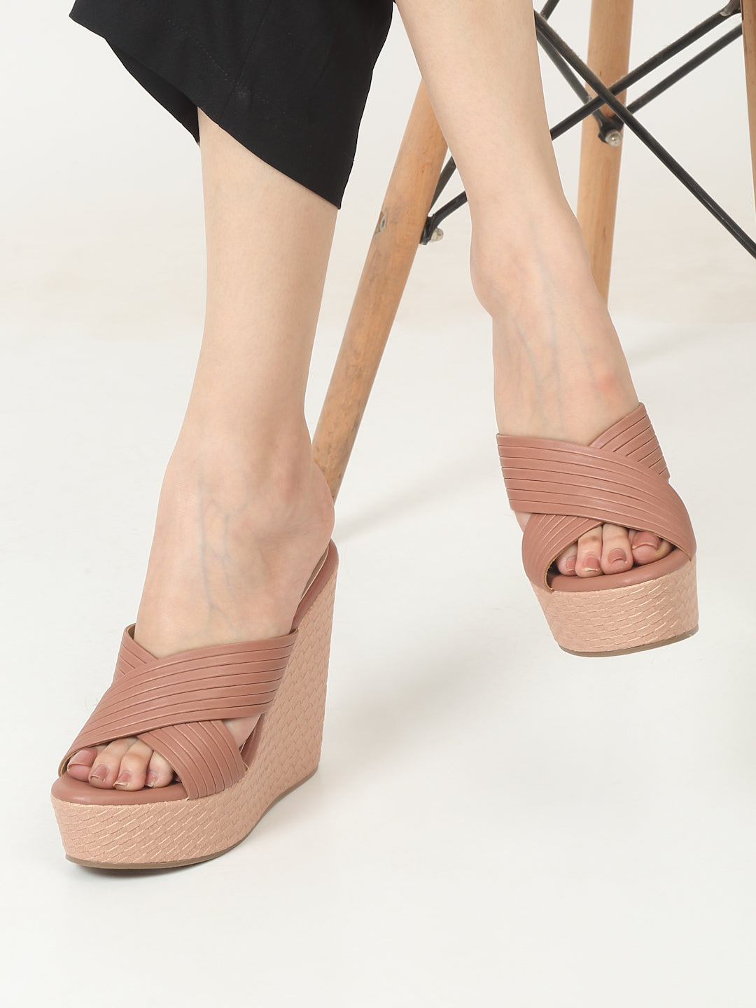 Stylish Tan Wedge Sandals with Cross Straps | FLAT N HEELS