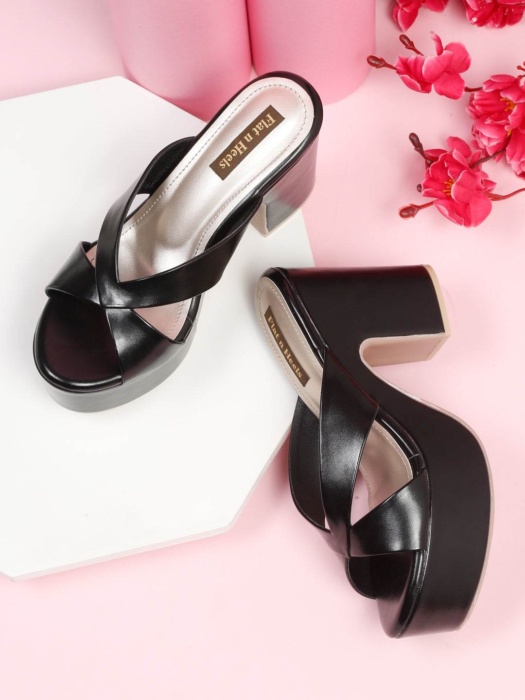 Stylish black heels for women with Cross-Strap Block Heels | Flat N Heels