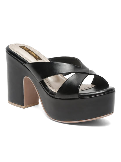 Stylish black heels for women with Cross-Strap Block Heels | Flat N Heels