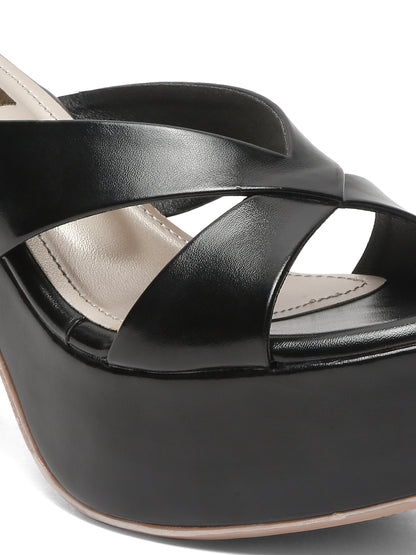 Stylish black heels for women with Cross-Strap Block Heels | Flat N Heels