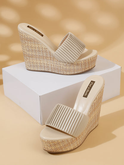 Stylish Beige Wedge Sandals with Textured Straps