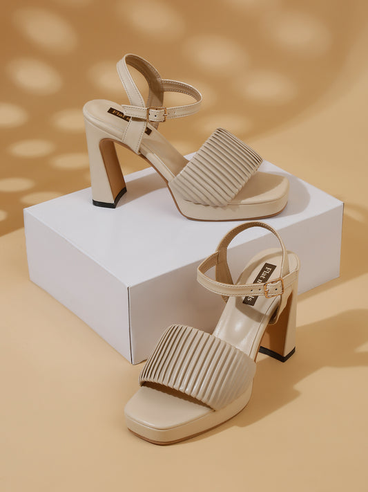 Stylish Beige Platform Heels with Ankle Strap | Block Heel Sandals