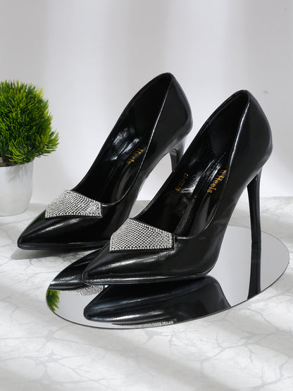 Stylish black stiletto heels Pumps with Rhinestone Detail | Flat N Heels